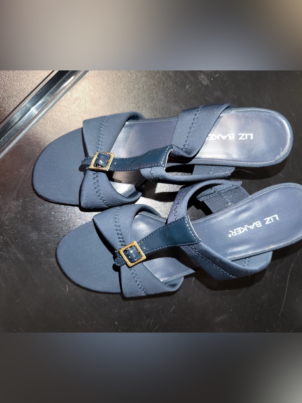 Liz Baker Navy Buckle Slide Sandals